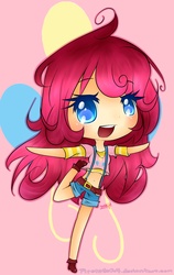 Size: 1440x2272 | Tagged: safe, artist:pipskitts204, pinkie pie, human, g4, belly button, belt, chibi, clothes, cutie mark, female, humanized, midriff, shorts, smiling, solo, suspenders