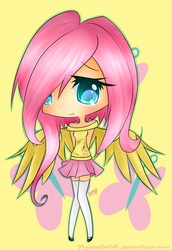 Size: 1432x2084 | Tagged: safe, artist:pipskitts204, fluttershy, human, g4, chibi, clothes, cutie mark, female, humanized, off shoulder, short-sleeved sweater, skirt, solo, sweater, sweatershy, winged humanization