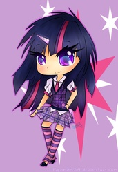 Size: 870x1269 | Tagged: safe, artist:pipskitts204, twilight sparkle, human, g4, chibi, clothes, female, horn, horned humanization, humanized, messy mane, school uniform, skirt, solo
