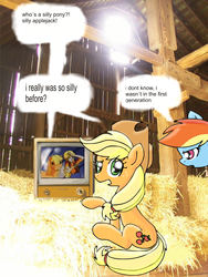 Size: 2538x3384 | Tagged: safe, artist:dashiepie, edit, edited screencap, screencap, applejack, applejack (g1), megan williams, rainbow dash, pony, g1, g4, silly, silly pony, who's a silly pony