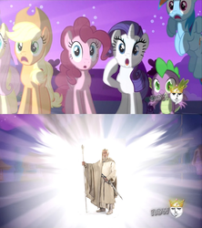 Size: 622x700 | Tagged: safe, applejack, fluttershy, pinkie pie, rainbow dash, rarity, spike, g4, alicorn flash, exploitable meme, gandalf, gandalf the white, hub logo, lord of the rings, meme, yaranaika