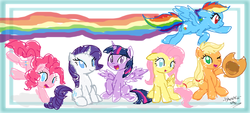 Size: 2481x1122 | Tagged: safe, artist:danmakuman, applejack, fluttershy, pinkie pie, rainbow dash, rarity, twilight sparkle, alicorn, pony, g4, female, mane six, mare, twilight sparkle (alicorn)