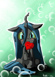 Size: 2000x2800 | Tagged: safe, artist:neko-me, queen chrysalis, changeling, changeling queen, nymph, g4, cute, cutealis, female, heart, mouth hold, solo