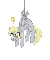 Size: 540x653 | Tagged: safe, artist:bikkisu, derpy hooves, pegasus, pony, g4, cute, female, hanging, mare, question mark, rope, simple background, solo, suspended, tied up