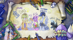Size: 900x491 | Tagged: safe, artist:saturnspace, amethyst star, derpy hooves, dinky hooves, doctor whooves, sparkler, star hunter, time turner, pegasus, pony, clockwise whooves, g4, crayon, drawing, female, goggles, jack harkness, k-9, mare, photo, steampunk