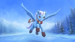 Size: 1920x1080 | Tagged: safe, artist:genjilim, oc, oc only, pegasus, pony, clothes, flying, grin, hooves, ice, ice skates, ice skating, male, mist, mountain, scarf, signature, sky, smiling, snow, solo, spread wings, stallion, tree, wings, winter
