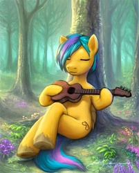 Size: 642x800 | Tagged: safe, artist:genjilim, oc, oc only, pony, flower, lute, musical instrument, solo, spring