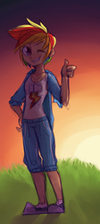 Size: 557x1247 | Tagged: safe, artist:php9, rainbow dash, human, g4, backlighting, converse, female, grass, humanized, shoes, short hair, solo, sunset, thumbs up