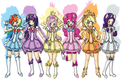 Size: 4800x3088 | Tagged: safe, artist:mikixthexgreat, applejack, fluttershy, pinkie pie, rainbow dash, rarity, twilight sparkle, human, g4, anime, clothes, crossover, dress, eared humanization, horn, horned humanization, humanized, magical girl, mane six, precure, pretty cure, smile precure, smile precure!, winged humanization