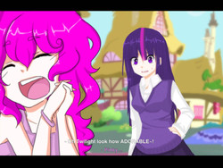 Size: 1520x1146 | Tagged: safe, artist:kaichou-kasai, pinkie pie, twilight sparkle, human, g4, anime, eyes closed, fake screencap, female, humanized, letterboxing, open mouth, subtitles