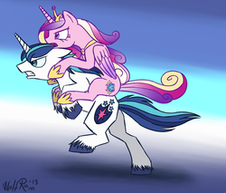 Size: 1887x1611 | Tagged: safe, artist:wolframclaws, princess cadance, shining armor, g4, cadance riding shining armor, ponies riding ponies, riding