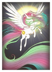 Size: 750x1036 | Tagged: source needed, safe, artist:cmaggot, princess celestia, pony, g4, backlighting, female, flying, solo