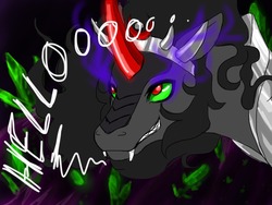 Size: 1280x960 | Tagged: dead source, safe, artist:poltergeistcat, king sombra, pony, unicorn, g4, armor, colored horn, curved horn, dialogue, fangs, horn, male, solo, sombra eyes, sombra horn, stallion