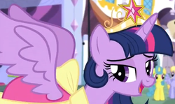 Size: 578x345 | Tagged: safe, screencap, cloud kicker, lemon hearts, twilight sparkle, alicorn, pony, g4, magical mystery cure, bedroom eyes, big crown thingy, clothes, coronation dress, dress, element of magic, female, jewelry, lidded eyes, mare, open mouth, open smile, regalia, smiling, solo focus, twilight sparkle (alicorn)