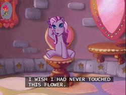 Size: 640x480 | Tagged: safe, screencap, wysteria, earth pony, pony, g3, the princess promenade, female, flower, princess, princess flower, rose, sad, solo, subtitles, throne