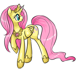 Size: 619x569 | Tagged: safe, artist:theluckyangel, fluttershy, alicorn, pony, g4, alicornified, element of kindness, female, fluttercorn, princess, race swap, raised hoof, simple background, solo, white background