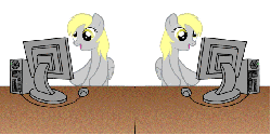 Size: 680x340 | Tagged: safe, derpy hooves, pegasus, pony, g4, animated, computer, explosion, female, mare, muffin, mushroom cloud, nuclear weapon, self ponidox, wat