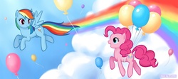 Size: 997x443 | Tagged: dead source, safe, artist:apzzang, pinkie pie, rainbow dash, g4, balloon, cloud, cloudy, rainbow, then watch her balloons lift her up to the sky
