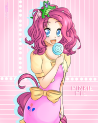 Size: 800x1000 | Tagged: safe, artist:glitteringsky, gummy, pinkie pie, human, g4, candy, clothes, eared humanization, female, food, humanized, lollipop, tailed humanization