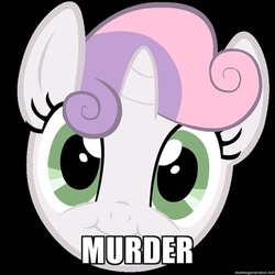 Size: 400x400 | Tagged: dead source, source needed, useless source url, safe, artist:blanishna, sweetie belle, pony, g4, :i, black background, cute, cute face, diasweetes, faic, female, image macro, looking at you, meme, murder, one word, portrait, simple background, smiling, solo
