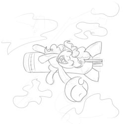 Size: 800x800 | Tagged: safe, artist:archonix, pinkie pie, earth pony, pony, g4, bomb, dr. strangelove, female, hat, lineart, monochrome, riding a bomb, solo