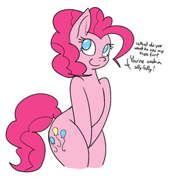 Size: 906x932 | Tagged: dead source, safe, artist:reiduran, pinkie pie, earth pony, pony, semi-anthro, g4, bipedal, covering crotch, cute, dialogue, diapinkes, female, hind legs, hips, legs together, simple background, solo