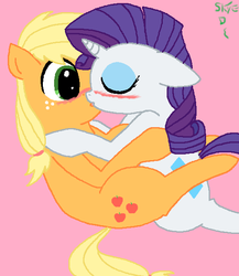 Size: 530x610 | Tagged: safe, artist:weaselbear, applejack, rarity, earth pony, pony, unicorn, g4, blushing, duo, female, kissing, lesbian, mare, ship:rarijack, shipping