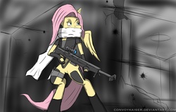Size: 4152x2664 | Tagged: safe, artist:convoykaiser, fluttershy, pegasus, anthro, g4, arm hooves, clothes, female, flutterbadass, gun, hooves, knife, mare, optical sight, rifle, scarf, sniper rifle, snipershy, solo, weapon, wings