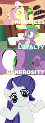 Size: 828x2286 | Tagged: safe, fluttershy, rarity, spike, g4, :i, looking at you, meta, shrug, shrugpony, text
