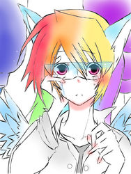 Size: 600x800 | Tagged: safe, artist:invader-celes, rainbow dash, human, fanfic:rainbow factory, g4, eared humanization, female, glasses, humanized, solo, winged humanization