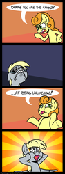 Size: 600x1601 | Tagged: safe, artist:zicygomar, carrot top, derpy hooves, golden harvest, earth pony, pegasus, pony, g4, abuse, bait and switch, comic, crying, derpybuse, dialogue, dilated pupils, duo, duo female, everything went better than expected, female, mare, open mouth, running, sad, shrug, speech bubble, sunburst background
