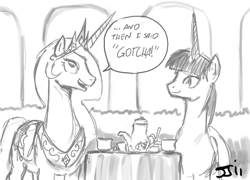 Size: 900x649 | Tagged: safe, artist:johnjoseco, princess celestia, oc, oc:fausticorn, alicorn, pony, g4, grayscale, lauren faust, monochrome, trollestia