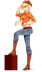 Size: 694x1177 | Tagged: safe, artist:missmaeko, applejack, human, g4, boots, clothes, dirty, female, front knot midriff, humanized, jeans, midriff, simple background, solo