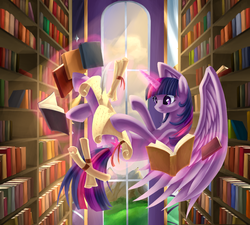 Size: 1000x900 | Tagged: safe, artist:aurarrius, twilight sparkle, alicorn, pony, g4, book, female, library, magic, mare, reading, scroll, solo, twilight sparkle (alicorn)