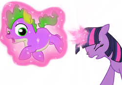 Size: 586x411 | Tagged: safe, artist:psychoteensie, spike, twilight sparkle, g4, magic, ponified