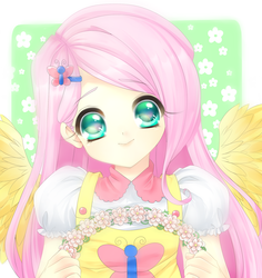 Size: 1699x1800 | Tagged: safe, artist:manouazumi, fluttershy, human, g4, bust, colored pupils, cute, female, flower, humanized, shyabetes, solo, winged humanization