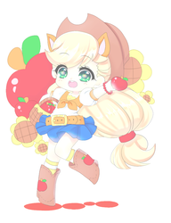 Size: 800x1040 | Tagged: dead source, safe, artist:manouazumi, applejack, human, g4, anime, anime style, apple, basket, chibi, eared humanization, female, flower, food, humanized, looking at you, solo, sunflower