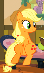 Size: 417x695 | Tagged: safe, screencap, applejack, earth pony, pony, apple family reunion, g4, cropped, female, hips, mare, sitting, sitting up, solo, thighs, thunder thighs