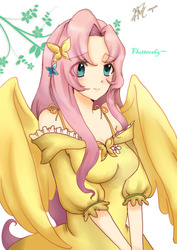 Size: 2507x3541 | Tagged: safe, artist:kichikutie23, fluttershy, butterfly, human, g4, anime, anime style, bow, clothes, dress, eye clipping through hair, female, flower, hairclip, humanized, moe, solo, winged humanization