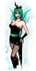 Size: 527x1042 | Tagged: dead source, safe, artist:rot-lunatik, queen chrysalis, g4, female, fishnet stockings, hand on hip, horn, horned humanization, humanized, solo, traditional art, winged humanization