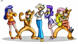Size: 1280x725 | Tagged: safe, artist:megasweet, artist:trelwin, applejack, fluttershy, pinkie pie, rainbow dash, rarity, twilight sparkle, human, g4, alternate hairstyle, animal costume, canter girls, carrying, clothes, cosplay, costume, crossed arms, daphne blake, dog costume, dress, freckles, fred jones, glasses, humanized, looking at you, mane six, mystery inc, parody, ponytail, raised leg, scooby-doo, scooby-doo!, scrappy-doo, shaggy rogers, skirt, smiling, velma dinkley