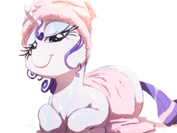 Size: 640x480 | Tagged: safe, artist:sunibee, rarity, pony, unicorn, g4, cute, female, looking at you, mare, plump, raribetes, simple background, smiling, solo, towel, wet, wet mane, wet mane rarity, white background