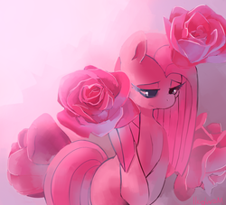 Size: 1443x1308 | Tagged: safe, artist:mewball, pinkie pie, earth pony, pony, g4, blank flank, female, flower, mirrored, pinkamena diane pie, rose, sad, solo