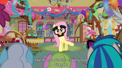 Size: 761x424 | Tagged: safe, screencap, berry punch, berryshine, daisy, dj pon-3, flower wishes, fluttershy, linky, mochaccino, rare find, shoeshine, vinyl scratch, earth pony, pegasus, unicorn, g4, magical mystery cure, groucho mask, youtube caption