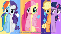 Size: 763x425 | Tagged: safe, screencap, applejack, fluttershy, pinkie pie, rainbow dash, rarity, twilight sparkle, g4, magical mystery cure, female, swapped cutie marks, youtube caption