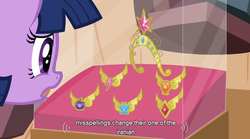 Size: 758x422 | Tagged: safe, screencap, twilight sparkle, g4, magical mystery cure, big crown thingy, elements of harmony, swapped cutie marks, youtube caption