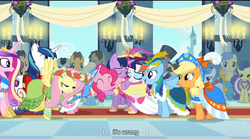 Size: 766x426 | Tagged: safe, edit, edited screencap, screencap, applejack, bruce mane, caramel, cherry cola, cherry fizzy, doctor whooves, eclair créme, fine line, fluttershy, goldengrape, lightning bolt, masquerade, maxie, perfect pace, pinkie pie, ponet, princess cadance, rainbow dash, rarity, shining armor, sir colton vines iii, time turner, twilight sparkle, white lightning, alicorn, pegasus, pony, g4, magical mystery cure, bedroom eyes, caption, clothes, coronation, coronation dress, dress, female, hat, mare, twilight sparkle (alicorn), wings, wrong, youtube caption