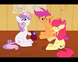 Size: 3246x2592 | Tagged: dead source, safe, artist:feyrah, apple bloom, scootaloo, sweetie belle, g4, banner, cape, clothes, clubhouse, cmc cape, crusaders clubhouse, cutie mark crusaders, older, trio