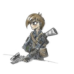 Size: 1700x1700 | Tagged: safe, artist:whitepone, oc, oc only, oc:littlepip, human, unicorn, fallout equestria, clothes, fanfic, fanfic art, female, gun, handgun, horn, horned humanization, humanized, jumpsuit, little macintosh, pipboy, pipbuck, revolver, simple background, solo, vault suit, weapon, white background, zebra rifle