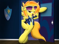 Size: 1920x1440 | Tagged: safe, artist:spitshy, spitfire, pegasus, pony, g4, bedroom eyes, belly, bipedal, clothes, female, looking at you, mare, necktie, open clothes, open shirt, spitfire's tie, stupid sexy spitfire, sultry pose, sunglasses, uniform, wonderbolts dress uniform